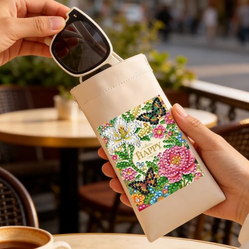Diamond Art Painting Eye Glass Bag PU Sunglasses Glasses Storage Bag Built-in Glasses Cloth Press Automatic Closure - color: Butterfly Flowers