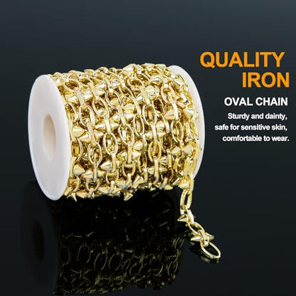 KYUNHOO 13FT Oval Chains Bulk on Spool Gold Craft Chain for Men Women DIY | Gold Plated Iron Chain for Jewelry Making Supplies Punk Hip Hop DIY Chain Bracelet Pants Craft Jewelry with Rivet - color: Oval Cable Gold