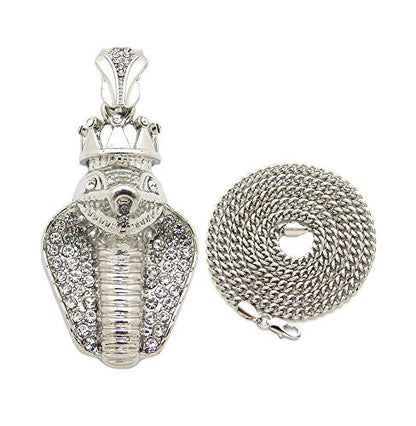 Fashion 21 Unisex Iced Out King Crowned Cobra Snake Pendant 24" Various Chain Necklace in Gold, Silver Tone - color: Silver / 3mm 24" Cuban Chain