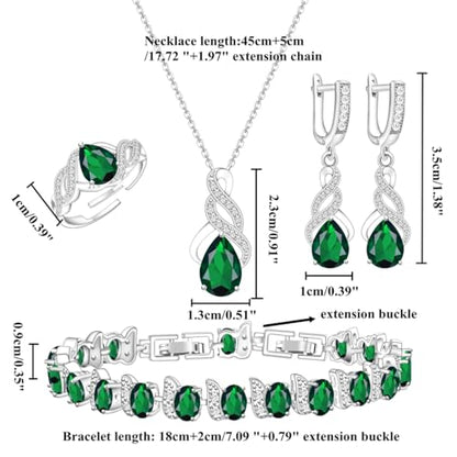 LMXXVJ Jewelry Set for Women,Teardrop Cubic Zirconia Necklace Earrings Adjustable Ring Bracelet Jewelry Set Formal Jewelry Gift - color: MHSD-White Gold-Green