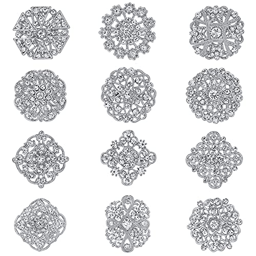 Lot 12pcs Assorted Crystal Rhinestone Flower Brooch Pin Set for Women DIY Bridal Wedding Bouquet Kit - color: Silver