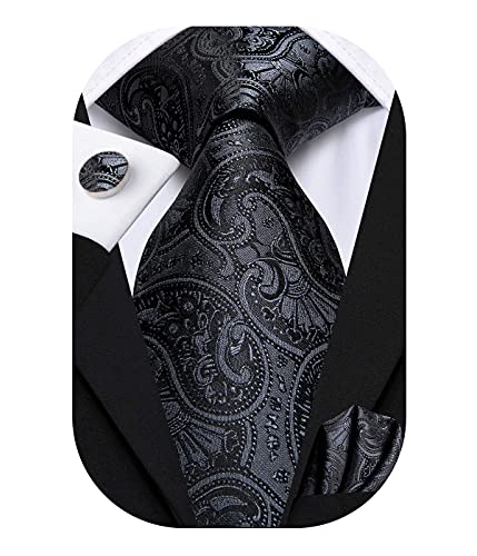 Hi-Tie Men 63inches Tie Set Extra Long Necktie Paisley Tie Pocket Suqare Cufflinks Big and Tall Men Tie - color: Black