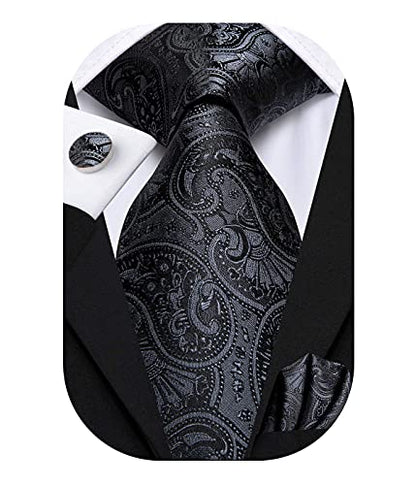 Hi-Tie Men 63inches Tie Set Extra Long Necktie Paisley Tie Pocket Suqare Cufflinks Big and Tall Men Tie - color: Black