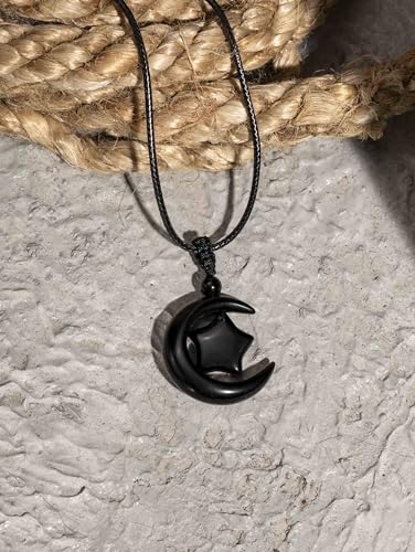 MINACHI Gothic Black Obsidian Moon Star Pendant Necklace with Braided Cord, Goth Celestial Jewelry Gift for Men and Women