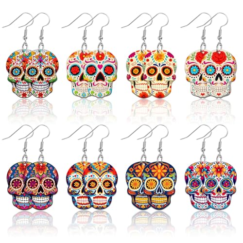 8 Pairs Day of the Dead Earrings for Women Skull Acrylic Jewelry | Dia De Los Muertos Earrings, Festive Sugar Flower Skull Dangle, Day of the Dead Jewelry Gifts, Acrylic Material, Double Side - style: Day of the Dead