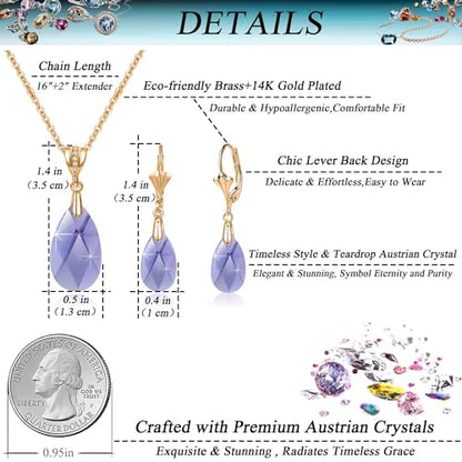 Austrian Crystals Teardrop Pendant Necklace Earrings for Women 14K Gold Plated Hypoallergenic Leverback Drop Dangle Earrings Jewelry Set - color: Tanzanite