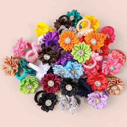 40pcs Baby Girls Flower Mini Hair Ties Rhinestone Satin Hair Elastic | Multicolor Candy Baby Scrunchies Soft Ponytail Holders Rubber Bands Hair Accessories,Great for Daily & Party Hairstyle