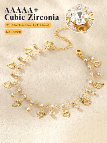 U7 Ankle Bracelets for Women Stainless Steel Waterproof Tarnish Resistant | 18K Gold Plated/Silver/Rose Gold Anklets, Cuban Chain Anklet Bracelets, Perfect for Summer Beach and Vacation Outfits - color: Gold Plated-White-Heart Charm