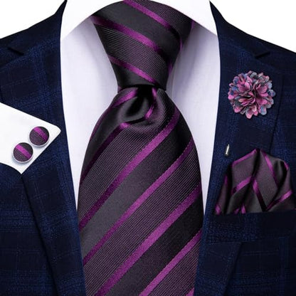 Hi-Tie Men's Silk Ties Formal Woven Classic Necktie Pocket Square Cufflinks Lapel Pin Set Wedding Business - color: A Black and Purple