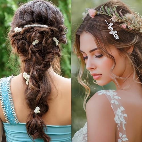 5 Pcs Hair Barrettes for Women, Rhinestone Hair Clips Silver Hairs Clips for Wedding Leaf Wedding Hairpin for Bride Women Brides Barrette Crystal Silver Flower Pearl Hairpins