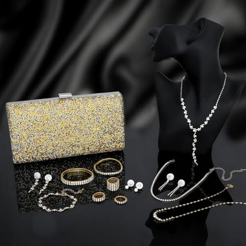 NEWITIN Purse Rhinestone Jewelry Set for Women Prom Jewels Crystal Clutch Purse Necklaces Rings Bracelets Earrings Gold Silver Jewelry Set for Women Bride - color: 16 Pieces Gold