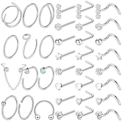 ONESING 9-40 Pcs Nose Rings - Hoops, Studs & L Shape - Hypoallergenic Stainless Steel Nose Piercings for Women & Men - color: Silver D-36Pcs