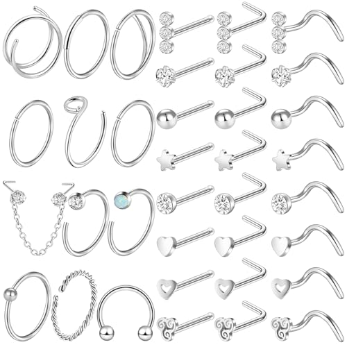ONESING 9-40 Pcs Nose Rings - Hoops, Studs & L Shape - Hypoallergenic Stainless Steel Nose Piercings for Women & Men - color: Silver D-36Pcs
