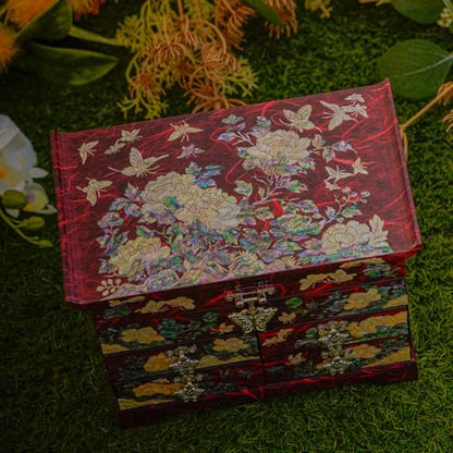 February Mountain Mother of Pearl Wooden Jewelry Organizer Box – Jewelry Storage Box for Women, Features Spacious Drawers, Ideal for Rings, Bracelets, Watches, Chains, Accessories - style: Peony_Red