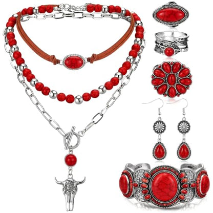 Ecally Bohemian Western Jewelry Turquoise Set Women Country Pendant Long Choker Layered Bracelets Earrings Ring for Women - color: Red, style: Shiny