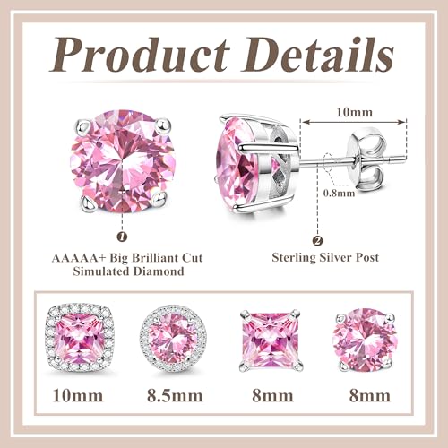 MILACOLATO S925 Sterling Silver Stud Earrings for Women Men Hypoallergenic 18K Gold Plated Cubic Zirconia Earrings Studs Brilliant Simulated Diamond Halo Earring for Sensitive Ears - style: 18K White Gold Plated - Pink CZ