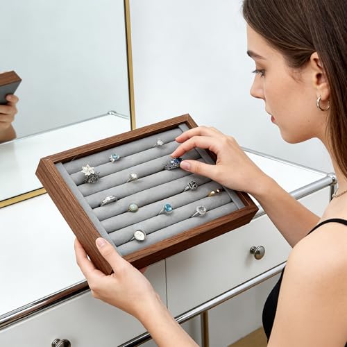 4 Pack Wood Ring Displays, Wooden Ring Holder Display Case Earring Organizer Velvet Jewelry Tray Jewelry Organizer Stand for Rings Earrings Selling, Coffee