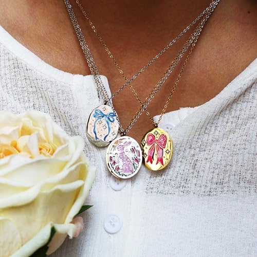 Gold Compass Charm Necklace for Women, Trendy Simple Dainty Inspirational Compass Butterfly Bow Knot Red Christmas Mug Sun Friendship Necklaces Graduation Gifts - style: Oval Pink Bow Knot