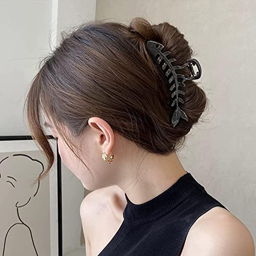 Hair Clip - Metal Black Fish Bone Shape Hair Clip - 4.3 inch - Hairpin Claw Clip for Women and Girls - Large Fishbone Claw Clip Hair Accessory - Mysterious Black - color: Black Fishbone