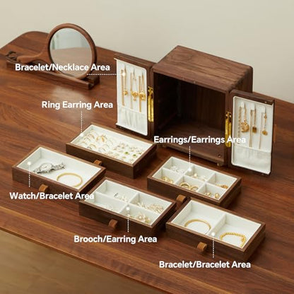 Black Walnut Wood Jewelry Box, Large | Women & Men, Velvet Lined, 5 Drawers, Hand Carved Ginkgo Leaf Handles, Double Door Wardrobe Design - size: Ginkgo leaves