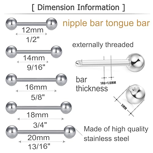 MODRSA 14g 16g Nipple Rings Tongue Rings 14 Gauge Surgical Steel Nipple Bar Barbell 14mm 16mm 18mm Silver Rose Gold Black Tongue Piercing Jewelry for Women Men - color: A13 - Silver - Mix lengths