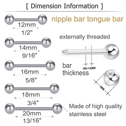 MODRSA 14g 16g Nipple Rings Tongue Rings 14 Gauge Surgical Steel Nipple Bar Barbell 14mm 16mm 18mm Silver Rose Gold Black Tongue Piercing Jewelry for Women Men - color: A13 - Silver - Mix lengths