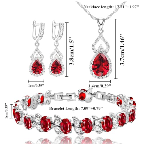 LMXXVJ Women Jewelry Set Platinum Plated Necklace Open Ring Earrings Bracelet Set,Birthday/Anniversary Mother’s Day Jewelry Gifts for Mom/Wife/Sister/Best Friend - color: White Gold-Garnet Red-No Ring