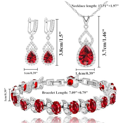 LMXXVJ Women Jewelry Set Platinum Plated Necklace Open Ring Earrings Bracelet Set,Birthday/Anniversary Mother’s Day Jewelry Gifts for Mom/Wife/Sister/Best Friend - color: White Gold-Garnet Red-No Ring