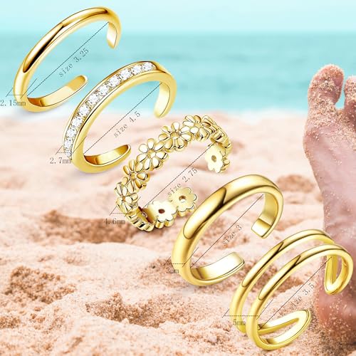 3-5 Pcs Toe Rings for Women 14K Gold Plated Open Toe Ring Set Dainty Flower CZ Band Knuckle Tail Ring Waterproof Summer Beach Foot Jewelry - color: c: 5pcs-gold
