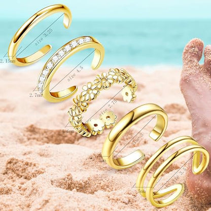 3-5 Pcs Toe Rings for Women 14K Gold Plated Open Toe Ring Set Dainty Flower CZ Band Knuckle Tail Ring Waterproof Summer Beach Foot Jewelry - color: c: 5pcs-gold