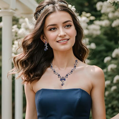 Women's Wedding Jewelry Set for Bride,Prom Bridal Accessories | Bling Crystal,Flower Leaf Cluster,Dangle Earrings Pendant Necklace Set,for Bridesmaid,Party Jewellery - color: 18-Navy Blue Silver-Tone