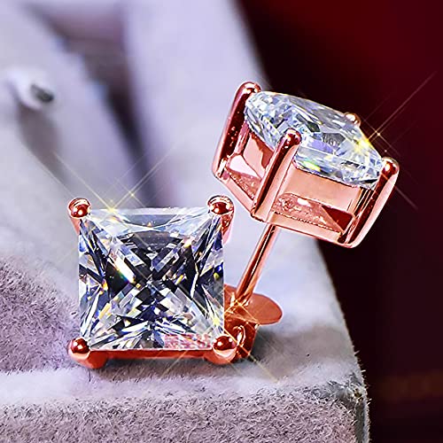 925 Sterling Silver Stud Earrings 4 Prong Princess Cut Square Cubic Zirconia Ear Stud for Women Men CZ 4mm-7mm - style: Rose Gold--1.60cttw (4mm)