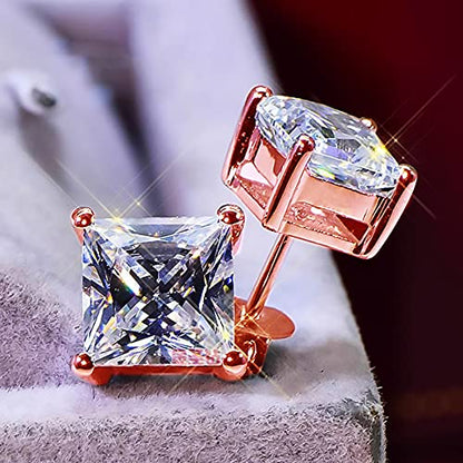 925 Sterling Silver Stud Earrings 4 Prong Princess Cut Square Cubic Zirconia Ear Stud for Women Men CZ 4mm-7mm - style: Rose Gold--6.20cttw (7mm)