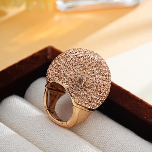 Gold Snowball Rhinestone Cocktail Ring – Adjustable Stretch Sparkling Party Jewelry for Women, Elegant Costume Ring for Evening Wear, Wedding, Prom - color: Crystal yellow