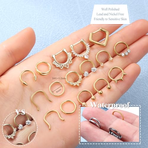 Besteel Hypoallergenic Septum Rings 16G 8mm Surgical Steel Clicker Nose Rings Hoops Set Small Lip Cartilage Helix Daith Piercing Jewelry for Women Men 16 Pcs Gold Silver Black - color: Gold