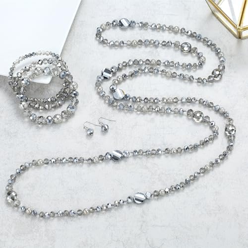 Trendy Infinity Wrap 60’’ Long Statement Necklace, Earrings and Bracelet Set - Hand Knotted Versatile Crystal and Shell Beads Strand Necklace and Chunky Beaded Stretch Bracelet Stack – Jewelry Set Gift for Women - color: Sparkly and Crystal Silver