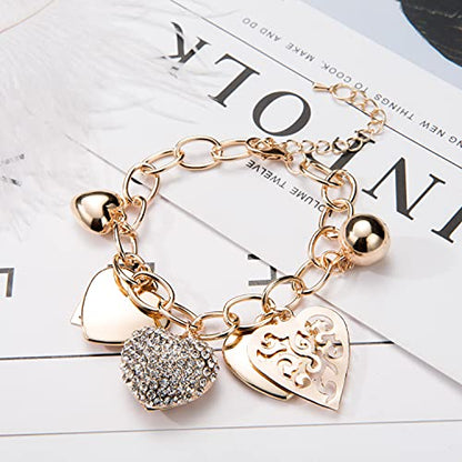 SILANER Gold Chain Link Bracelet - 7"+ 2" Extender 14K Gold Plated Love Locked Bracelets for Women, with Crystal, Love Heart,Key, Lock, Charm Bracelet - color: Ture Love Charm