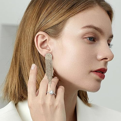 Luxval Rhinestone Earrings Dangling for Women Sparkly Silver Dangle Earrings Girls Long Chandelier Earrings Tassel Lightweight Ear Studs Cubic Zirconia Crystal Statement - color: Gold-Round Tassel Crystal