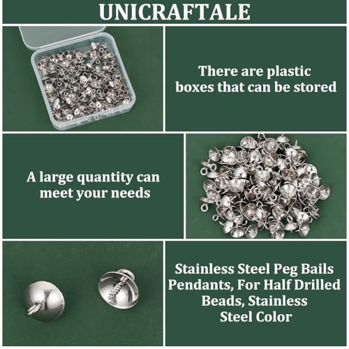 UNICRAFTALE 100pcs 10x8mm 304 Stainless Steel Peg Bails Pendants Screw Peg Bails Small Screw Eye Pins Clasps 1.2mm Pin Eye Screws Connectors for Half Drilled Beads Jewelry Earring Making, Hole 2mm - color: Steel Color