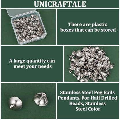 UNICRAFTALE 100pcs 10x8mm 304 Stainless Steel Peg Bails Pendants Screw Peg Bails Small Screw Eye Pins Clasps 1.2mm Pin Eye Screws Connectors for Half Drilled Beads Jewelry Earring Making, Hole 2mm - color: Steel Color