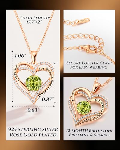 CDE S925 Silver Engraved Forever Love Heart Birthstone Necklaces for Women | 5A CZ,Hypoallergenic,Nickel-Free & Lead-Free Pendant,Anniversary Christmas Wedding Birthday Gift for Wife Girlfriend - color: 08-Aug, style: Rose Gold Plated