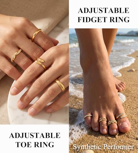 WAINIS 18Pcs Toe Rings for Women | 14K Gold Silver Plated Adjustable Toe Ring,Non Tarnish Simple Hug CZ Triple Open Band Toe Rings,Summer Beach Foot Jewelry - color: gold1