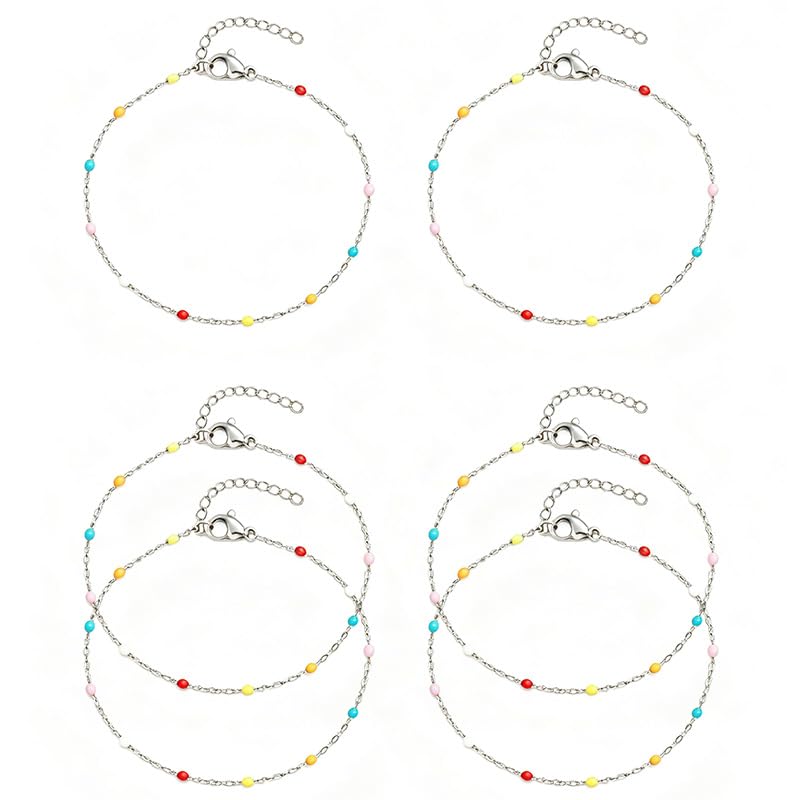 6 PCS Enamel Beaded Chains Bracelet Stainless Steel Link Bracelets | 6.7"+1.18", With Extender Chain, Fashion Jewelry Set, Gift For Women, Colorful, No Fade - color: Colorful Silver