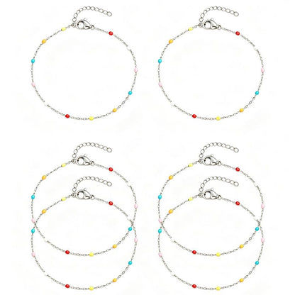 6 PCS Enamel Beaded Chains Bracelet Stainless Steel Link Bracelets | 6.7"+1.18", With Extender Chain, Fashion Jewelry Set, Gift For Women, Colorful, No Fade - color: Colorful Silver