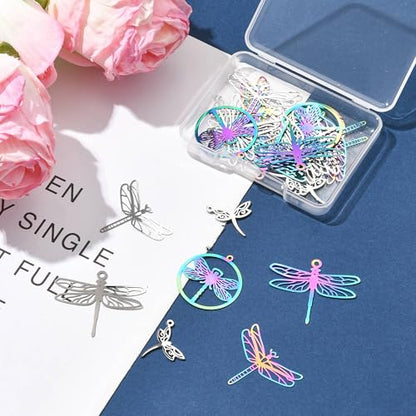 8-64Pcs Silver Goldern Color Heart Pendants Charms 10 Styles Heart Stainless Steel Metal Charms for Jewelry Making Crafting Necklaces Bracelets Earrings Keychains Birthday Gift - color: Colorful Dragonfly-24 pcs