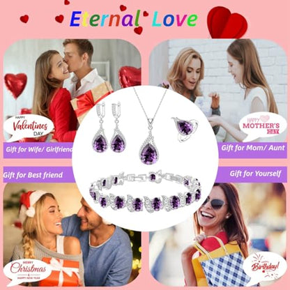 LMXXVJ Jewelry Set for Women,Teardrop Cubic Zirconia Necklace Earrings Adjustable Ring Bracelet Jewelry Set Formal Jewelry Gift - color: ZYSD-White Gold-Purple