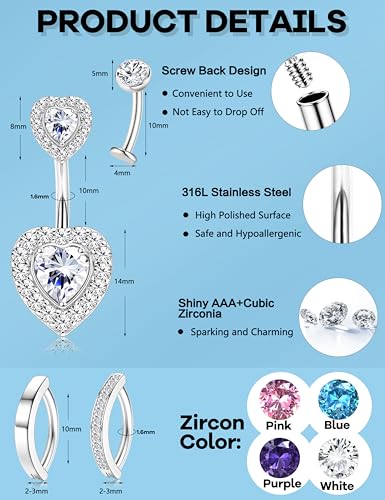 JeryWe Hypoallergenic Belly Button Ring Surgical Stainless Steel - Dainty Dangle Navel Piercing Jewelry CZ Bow Heart Ball Pearl Clicker Piercings for Women - color: White