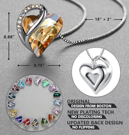 Leafael Gift Necklaces for Women, Infinity Love Birthstone Heart Crystal Pendant, Birthday Anniversary Jewelry for Wife, Mom, and Her, Silver Plated, 18" + 2" Adjustable Chain - color: 14-Power-Golden Yellow Shade