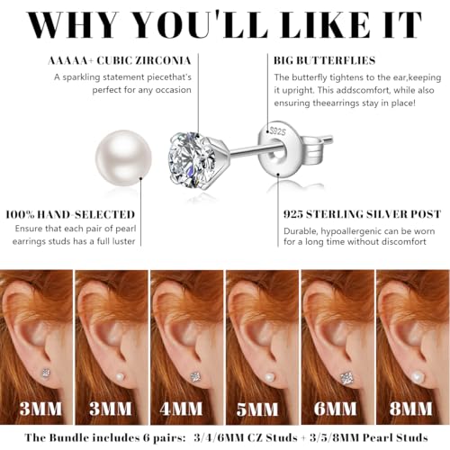 JEMARA Sterling Silver Stud Earrings for Women Pearl Earrings Non Tarnish | Hypoallergenic 925 Sterling Silver Pearl Cubic Zirconia Studs Set Trendy Earrings for Sensitive Ears 6 Pairs - color: 6Pairs Pearl+CZ-Silver
