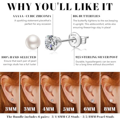 JEMARA Sterling Silver Stud Earrings for Women Pearl Earrings Non Tarnish | Hypoallergenic 925 Sterling Silver Pearl Cubic Zirconia Studs Set Trendy Earrings for Sensitive Ears 6 Pairs - color: 6Pairs Pearl+CZ-Silver